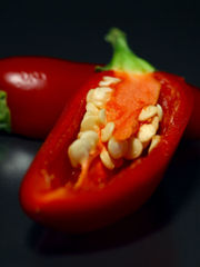 A ripe red jalapeno cut open to show the seeds