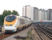 Long Eurostar trains connect London with Paris and Brussels through the Channel Tunnel.