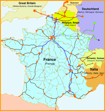 TGV lines (shown in blue and red) and connections to the rest of the European high speed rail network