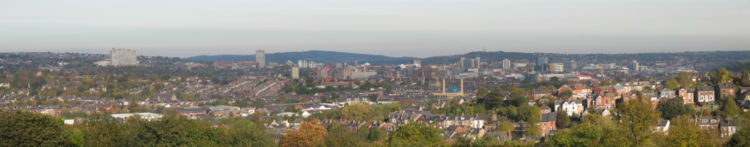 Panorama from Meersbrook Park.  Note the new Heeley Mosque (centre), and the Arts Tower and Royal Hallamshire Hospital in the background (left)