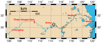 Location of the dam and major cities on the Yangtze River
