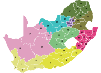 Map showing the provinces and districts (numbered) of South Africa.     ██ Northern Cape  ██ North West  ██ Gauteng        ██ Limpopo        ██ Mpumalanga   ██ KwaZulu-Natal  ██ Eastern Cape   ██ Free State      ██ Western Cape       