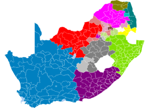 Map showing principal South African languages by municipality. Lighter shades indicate a non-majority plurality.     ██ Afrikaans               ██ Northern Sotho  ██ Southern Sotho         ██ Swati    ██ Tsonga   ██ Tswana  ██ Venda    ██ Xhosa    ██ Zulu       