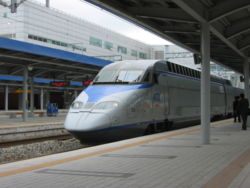 A KTX train stationed at East Daegu station.