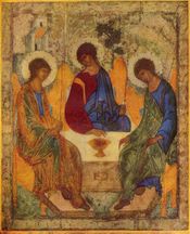 The Hospitality of Abraham by Andrei Rublev. The three angels symbolize the Trinity.