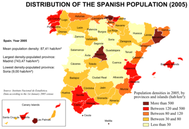 Geographical distribution of the Spanish population in 2005