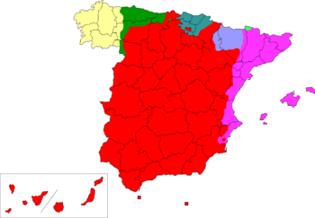 The languages of Spain (simplified)   ██ Castilian (Spanish)  ██ Catalan, co-official  ██ Basque, co-official  ██ Galician, co-official  ██ Asturian, unofficial  ██ Aragonese, unofficial  ██ Aranese, co-official (dialect of Occitan) 