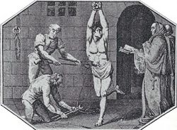 Two old priests showing the application of torture under the supervision of the Inquisition.