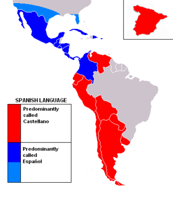 The Spanish speaking countries in red predominantly call Spanish Castellano while the nations in blue predominantly call it Español which also includes the Spanish speaking areas of the southern United States.