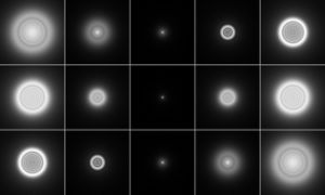 A point source as imaged by a system with (top) negative, (center) zero, and (bottom) positive spherical aberration. Images to the left are defocused toward the inside, images on the right toward the outside.