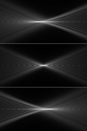 Longitudinal sections through a focused beam with (top) negative, (center) zero, and (bottom) positive spherical aberration. The lens is to the left.