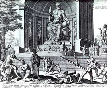 A fanciful reconstruction of Phidias' statue of Zeus, in an engraving made by Philippe Galle in 1572, from a drawing by Maarten van Heemskerck