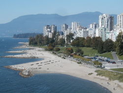 Sunset beach at English Bay in the West End of downtown.