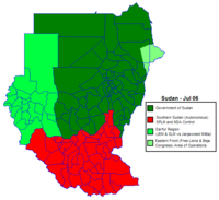 A map of Sudan's districts indicating autonomous and insurgent regions.