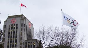 Vancouver City Hall with the 2010 Winter Olympics Flag.