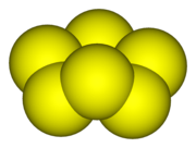 The structure of the S8 molecule, two atoms are obscured in this view.