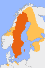 The Swedish Empire in 1658 (yellow) overlaid by present day Sweden (orange).