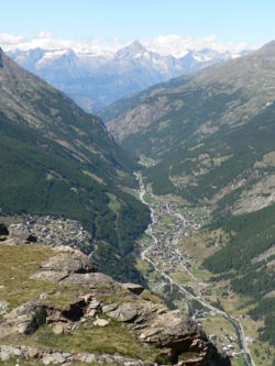 A view of Saas-Grund (right) and Saas-Fee (left) in southern Switzerland