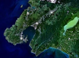 Satellite photo of the Wellington conurbation: (1) Wellington; (2) Lower Hutt; (3) Upper Hutt; (4) Porirua
