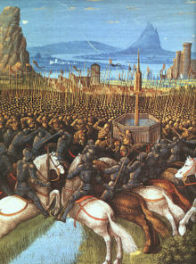 Artistic depiction of the Battle of Hattin in 1187, where Jerusalem was recaptured by Saladin's Ayyubid forces.
