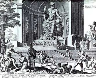 The Statue of Zeus at OlympiaPhidias created the 12-m (40-ft) tall statue of Zeus at Olympia about 435 BC. The statue was perhaps the most famous sculpture in Ancient Greece, imagined here in a 16th century engraving