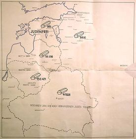 Map titled "Jewish Executions Carried Out by Einsatzgruppe A" from the December 1941 Jäger Report by the commander of a Nazi death squad. Marked "Secret Reich Matter," the map shows the number of Jews shot in the Baltic region, and reads at the bottom: "the estimated number of Jews still on hand is 128,000". Estonia is marked as judenfrei ("free of Jews").