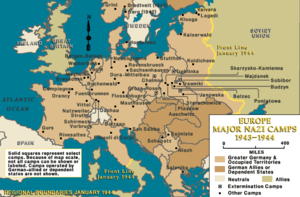 Major concentration camps in Europe, 1944.  It should be possible to replace this fair use image with a freely licensed one. If you can, please do so as soon as is practical.