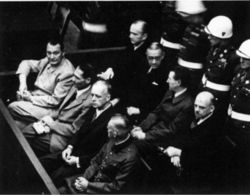Defendants at the Nuremberg Trials - Front row: Göring, Heß, von Ribbentrop, and Keitel. Second row: Dönitz, Raeder, Schirach, Sauckel.