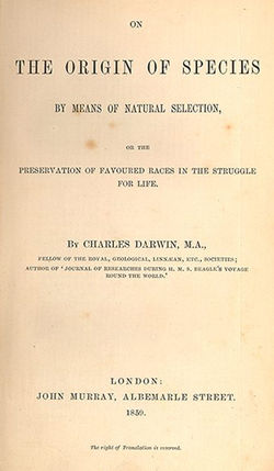 The title page of the 1859 edition of On the Origin of Species.