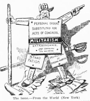 Democrats attack Roosevelt as militarist and ineffective in this 1904 election cartoon