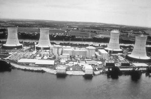 Viewed from the west, Three Mile Island currently uses only one nuclear generating station, TMI-1, which is on the left. TMI-2, to the right, has not been used since the accident.