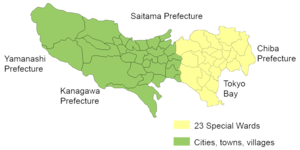 This map shows the mainland portion of Tokyo. Colors indicate the twenty-three special wards and Tama.  About 249 sq km of reclaimed land on Tokyo Bay (such as Odaiba) has been omitted for clarity. The islands cannot be shown at this scale.