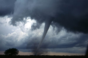 A tornado in central Oklahoma.  The tornado itself is the thin tube reaching from the cloud to the ground.  The lower half of this tornado is surrounded by a dust cloud, kicked up by the tornado's strong winds at the surface.