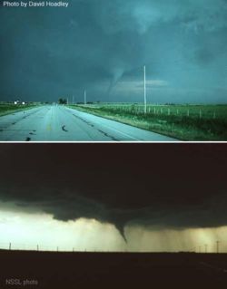 These are two photographs of the Waurika, Oklahoma tornado of May 30, 1976, taken at nearly the same time.  In the top picture, the tornado is front-lit, with the sun behind the east-facing camera, so the funnel appears nearly white.  In the lower image, where the camera is facing the opposite direction, the tornado is back-lit, with the sun behind the clouds.