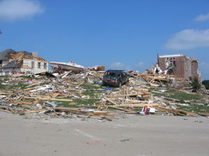 An example of F3 damage.  Here, the roof and some inner walls of this brick building have been demolished.  While taking shelter in a basement, cellar, or inner room improves your odds of surviving a tornado drastically, occasionally even this is not enough.  F3 and stronger tornadoes only account for about 6% of all tornadoes in the United States, and yet since 1980 they have accounted for more than 75% of tornado-related deaths.