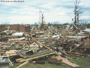 An example of F4 damage.  Above-ground structures are almost completely vulnerable to F4 tornadoes, which level well-built structures, toss heavy vehicles through the air, and uproot trees, turning them into flying missiles.