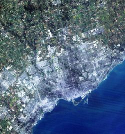 A simulated-colour image of Toronto taken by NASA's Landsat 7 satellite.