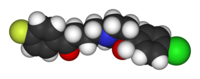 Space-filling representation of a haloperidol molecule. Haloperidol is an antipsychotic medication sometimes used to treat severe cases of Tourette's.