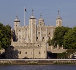 The Tower of London, seen from the River Thames, with a view of the water gate called "Traitors' Gate."