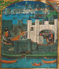 The 15th century Tower in a manuscript of poems by Charles, Duke of Orléans (1391-1465) commemorating his imprisonment there (British Library)
