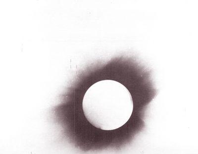 A disproof of Euclidean geometry as a description of physical space. In a 1919 test of the general theory of relativity, stars (marked with lines) were photographed during a solar eclipse. The rays of starlight were bent by the Sun's gravity on their way to the earth. This is interpreted as evidence in favor of Einstein's prediction that gravity would cause deviations from Euclidean geometry.
