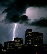 A lightning strike during a thunderstorm in Denver.