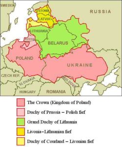 In the centuries following the Mongol invasion much of Ukraine was controlled by Lithuania (from the fourteenth century on) and since the Union of Lublin (1569) by Poland as seen at this outline of the Polish-Lithuanian Commonwealth as of 1619.