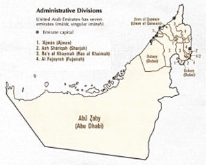 Map showing the Emirates of the United Arab Emirates.
