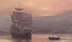 The Mayflower in Plymouth Harbor, painted by William Halsall, 1882.  the Mayflower transported Pilgrims to the New World in 1620.