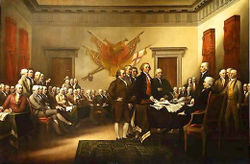 The drafting committee presenting the Declaration of Independence to the Continental Congress. Painted by John Trumbull 1817–1819.