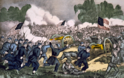 The Battle of Gettysburg color lithograph by Currier & Ives, c. 1863. This battle was a major turning point of the American Civil War. The victory of the Union kept the country united.