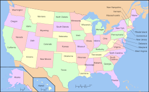 Map of United States, showing state names.