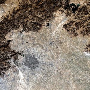 A simulated-color image of Beijing, taken by NASA's Landsat 7.