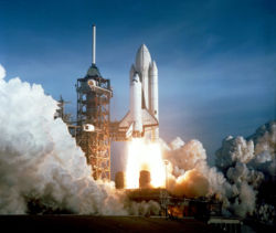 The Space Shuttle Columbia takes off on a manned mission to space.